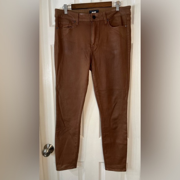 PAIGE Hoxton Ankle Pants Women's 32 Cognac Luxe Solid Coated Button Zip Closure - Picture 2 of 12